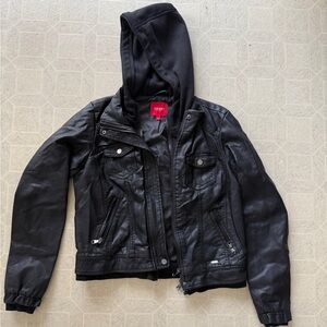 Guess Faux leather Black Jacket with Hoodie